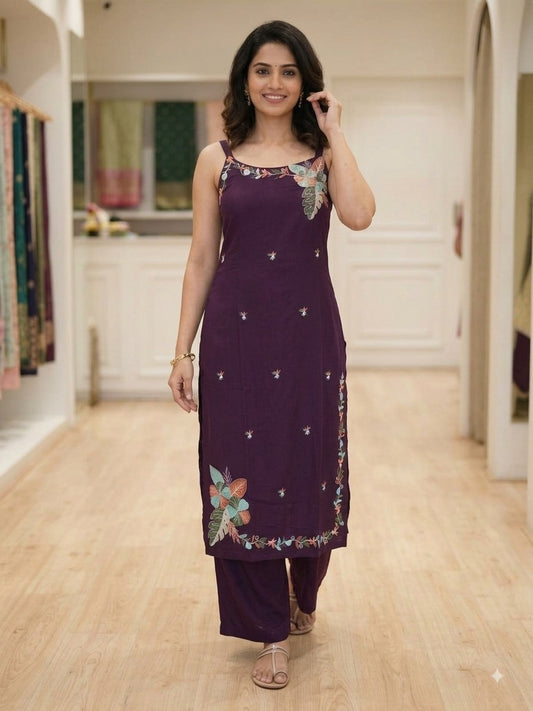 Deep Purple Floral Embroidered Strap Kurti Set