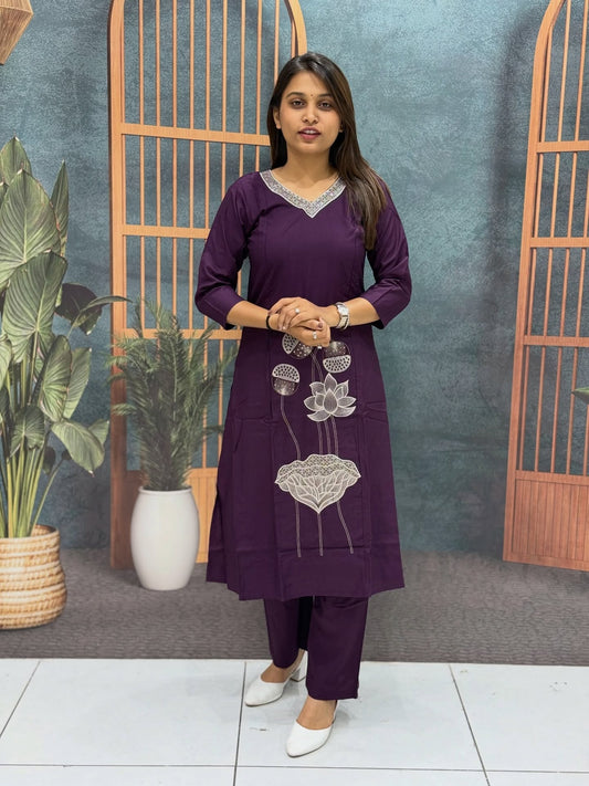 Royal Purple Lotus Embroidery Kurti Set with V-Neckline