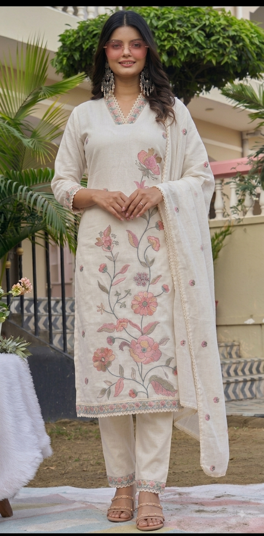 Off-White Floral Threadwork Kurta & Dupatta Set
