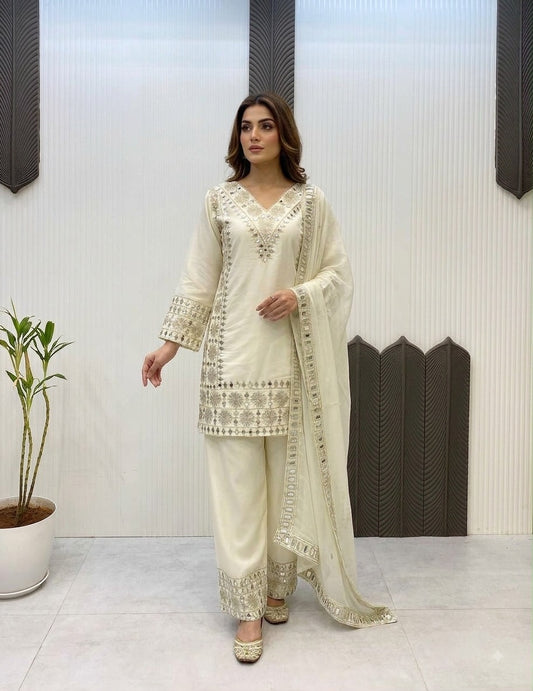 Gorgeous Ivory Mirror Work Suit for Every Celebration