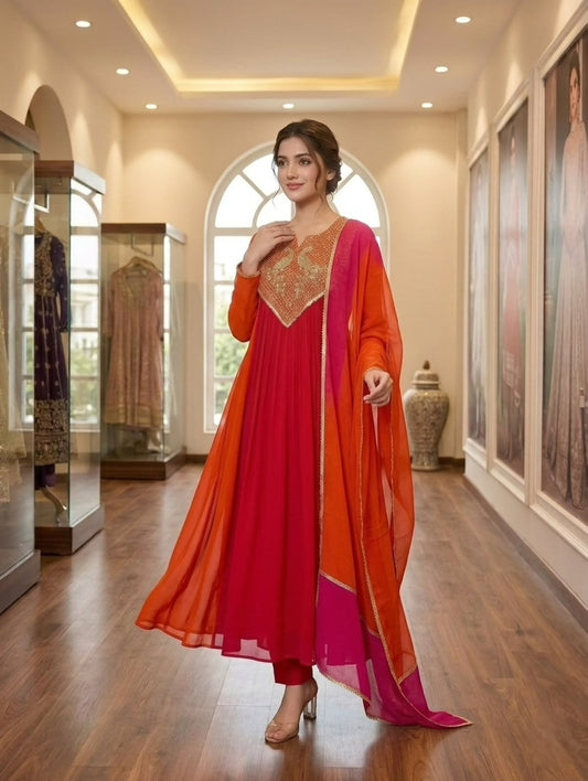 Vibrant Sunset: Orange & Pink Embroidered Anarkali Suit