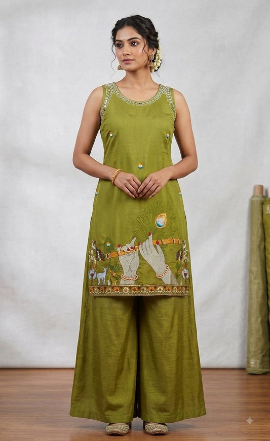 Olive Green Hand-Embroidered Krishna & Flute Kurta Set