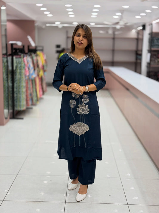 Blue Lotus Embroidered Straight Kurta Set with Pants