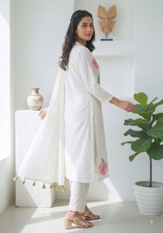 Elegant Floral Embroidered White Kurta Set