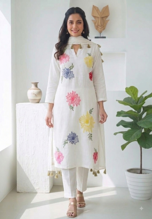 Elegant Floral Embroidered White Kurta Set