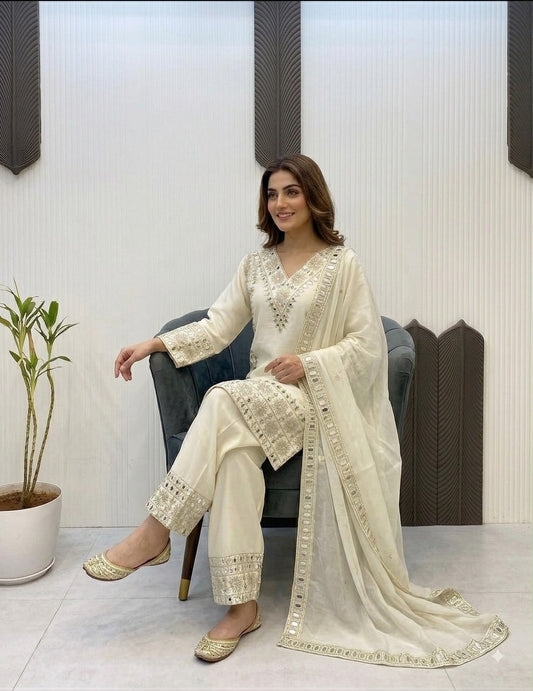 Gorgeous Ivory Mirror Work Suit for Every Celebration