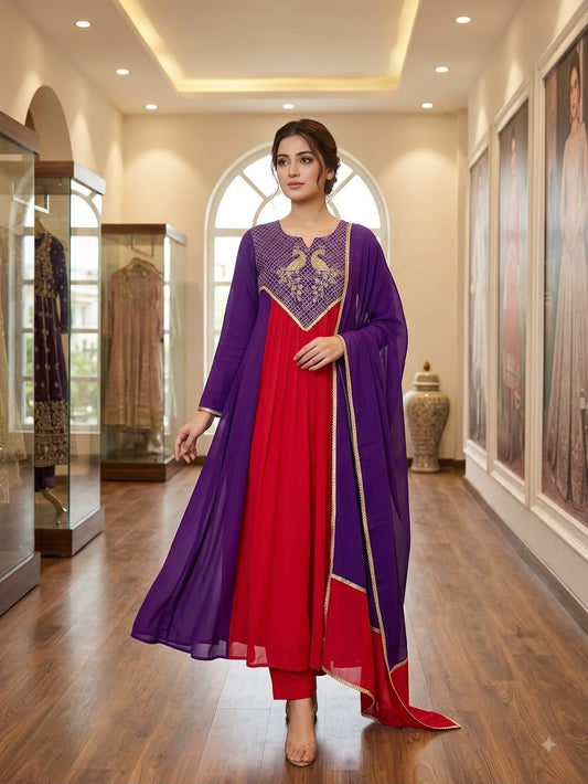 Royal Elegance: Purple & Crimson Embroidered Anarkali Suit Set