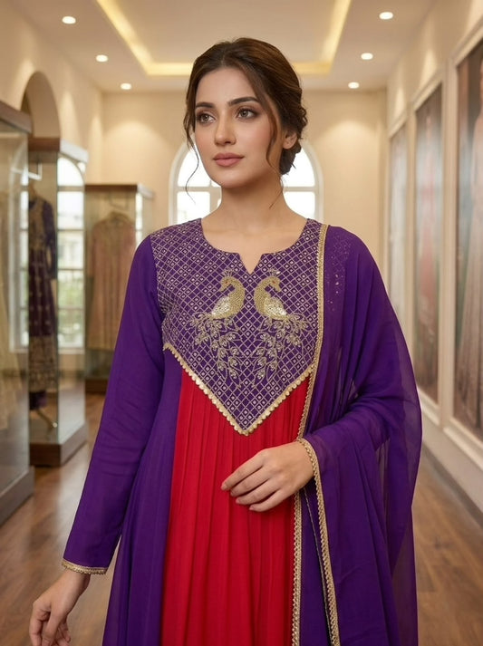Royal Elegance: Purple & Crimson Embroidered Anarkali Suit Set