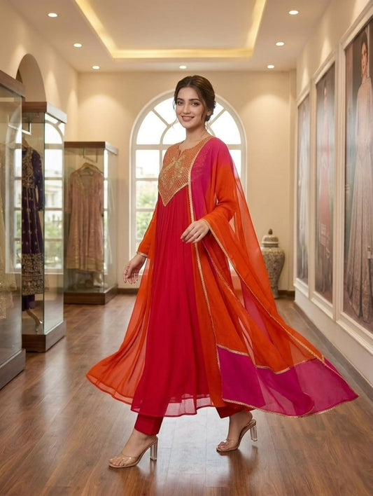 Vibrant Sunset: Orange & Pink Embroidered Anarkali Suit