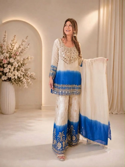 DESIGNER REAL MIRROR EMBROIDERED WORKED TOP, PLAZZO WITH DUPATTA