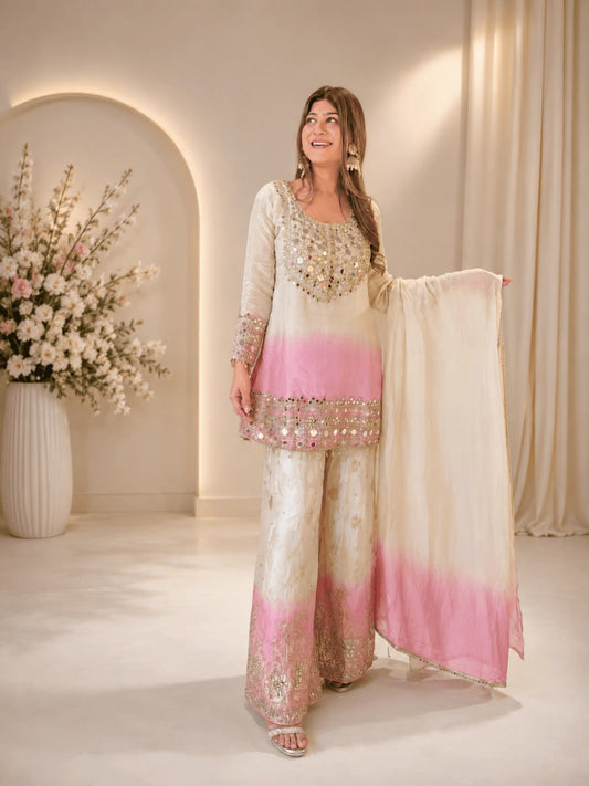 DESIGNER REAL MIRROR EMBROIDERED WORKED TOP, PLAZZO WITH DUPATTA